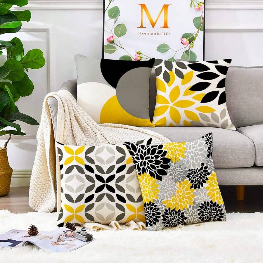 4入組幾何系列靠墊套,卧室沙發裝飾靠墊套 - 黑色 - 查看 1