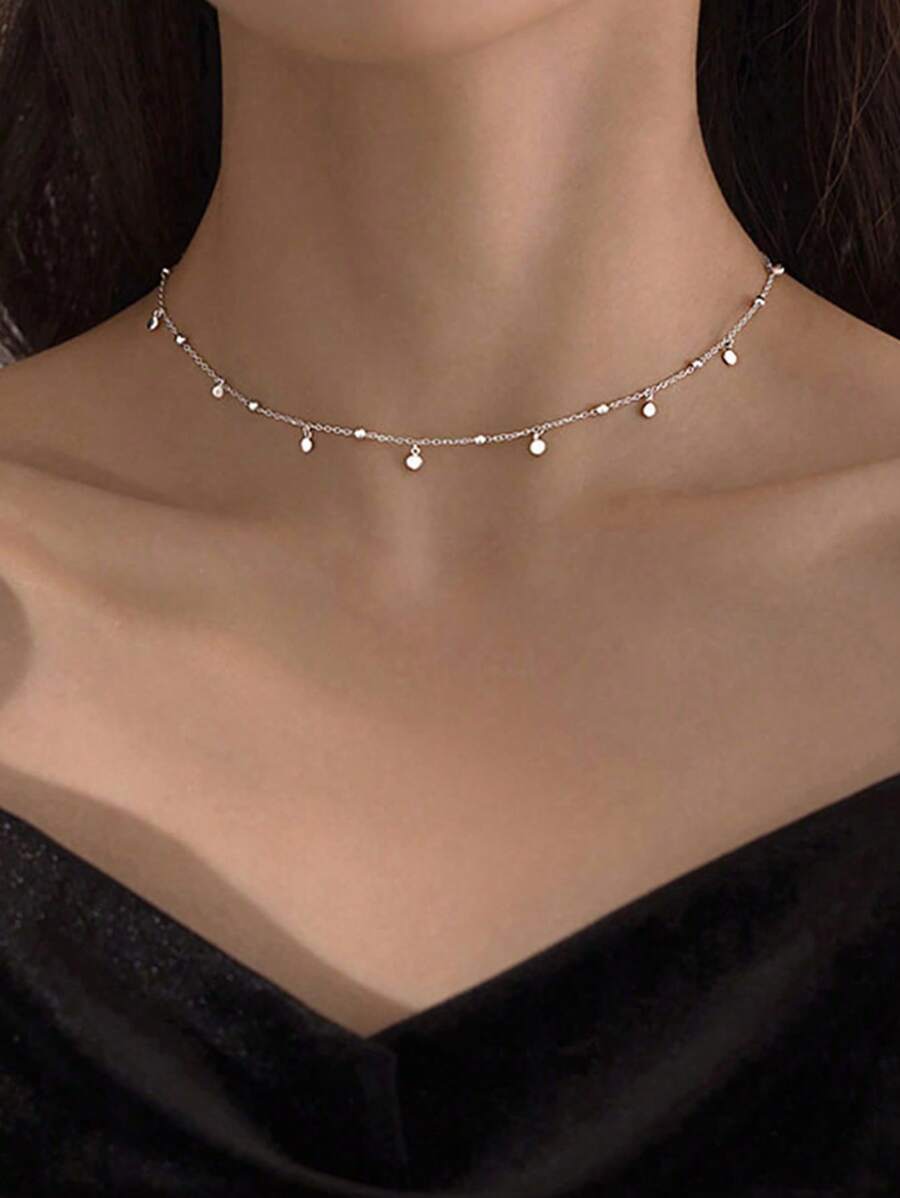 BALMORA 1入優雅精美的S925純銀時尚小圓墜飾流蘇項鍊，鎖骨鏈項圈派對生日禮物，適用於女性女友假期 - 銀色 - 查看 1