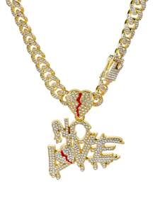 1條耀眼璀璨的金色18k鍍金13mm寬迈阿密粗鏈,鑲有闪亮珠寶,吊掛印刻no Love字母坠饰,適合男女情侶,日常休閒、假期夜店街头穿搭,男女情侶新年、情人節禮物、朋友最佳禮物,西海岸幫派饒舌嘻哈名人風格的珠寶 - 金色 - 查看 4