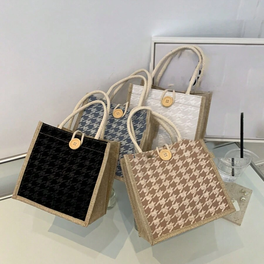 带坚固手柄的粗麻布手提袋、可重复使用的婚礼礼品袋、日常用品、迷你手提包、拉链帆布包、便携式双手柄手提包、午餐礼品袋、沙滩包、带手柄纽扣的单肩手提包（纽扣的颜色和缝纫方法是随机的） - 彩色 - 查看 1