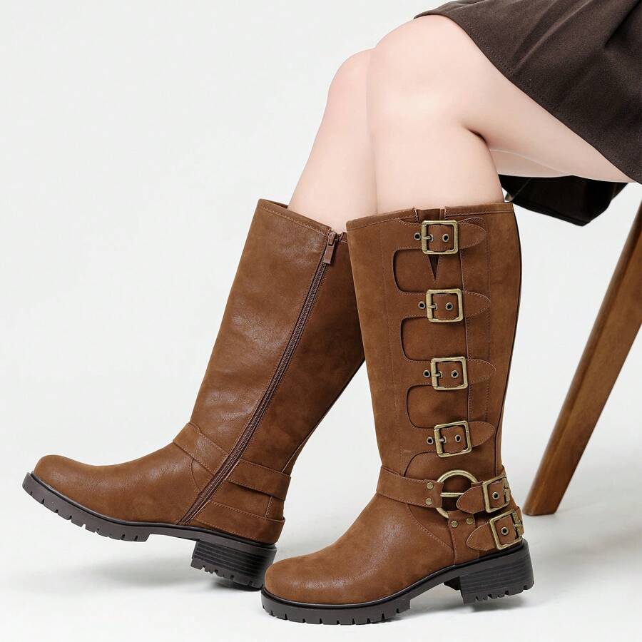 Women'S Extra Wide Calf Boots, Wide Width Chunky Heel Mid Calf Boots For Women. - màu nâu - Xem 1