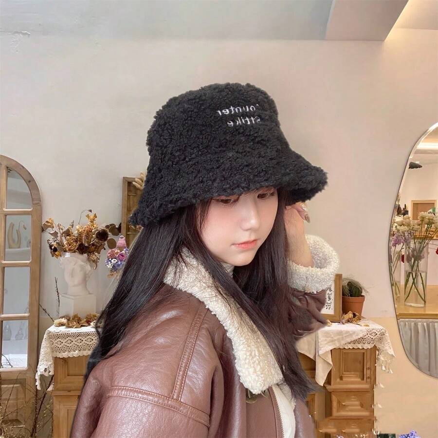 1個簡約風格揚臉漁夫帽（女士用），純色韓版漁夫帽，保暖多用途，適用於秋冬季節 - 黑色 - 查看 1