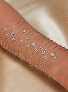 FOREVER QUEEN 925 純銀女士首字母 AZ 字母堆疊手鍊，14K 白金填充精緻手鍊，女士手鍊首飾很棒的禮物