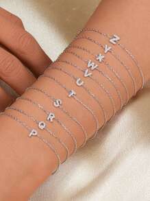 FOREVER QUEEN 925 純銀女士首字母 AZ 字母堆疊手鍊，14K 白金填充精緻手鍊，女士手鍊首飾很棒的禮物