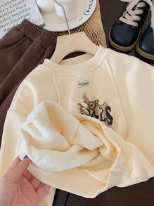 男童休閒字母印花連帽保暖衛衣 - 杏色 - 查看 4