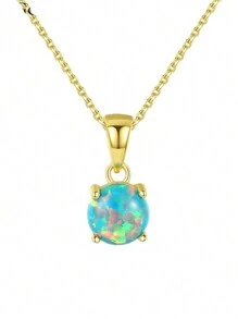 FOREVER QUEEN 1入女士項鍊,925純銀製造,外掛14k金,藍色蛋白石,經典單鑽款式,圓形,8毫米,總重量1克拉 - 金色 - 查看 7