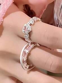 1枚女孩可愛粉色心形鋯石鑲嵌戒指,豪華且可調整（免費尺寸）,適用於舞會、派對、大學、情侶、日常穿著,情人節禮物多功能使用 - 彩色 - 查看 2