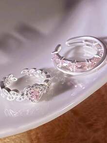 1枚女孩可愛粉色心形鋯石鑲嵌戒指,豪華且可調整（免費尺寸）,適用於舞會、派對、大學、情侶、日常穿著,情人節禮物多功能使用 - 彩色 - 查看 3