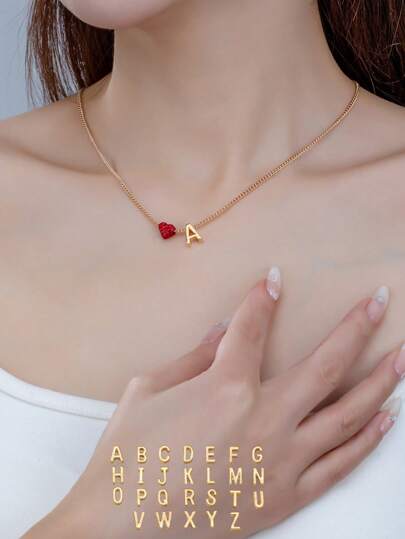 1pc Fashionable European And American Style Personalized Metal A-Z 26 Alphabet Red Heart Shaped Inlaid Red Rhinestone Love Letter Pendant Necklace For Women, Valentine's Day Gift Suitable For Daily Wear And Gift Giving