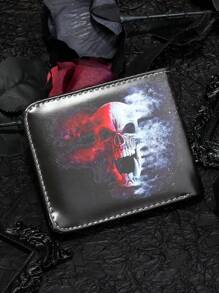 1 件黑色 PU 皮革骷髅压纹男士双折钱包，休闲男女通用信用卡夹，个性化短款零钱包 - 黑色 - 查看 2