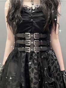 Street Punk Black Elastic Waist Belt With Three Rows Of Buckles And Hollow Out Design Halloween Corset Summer, School - Black - View 2