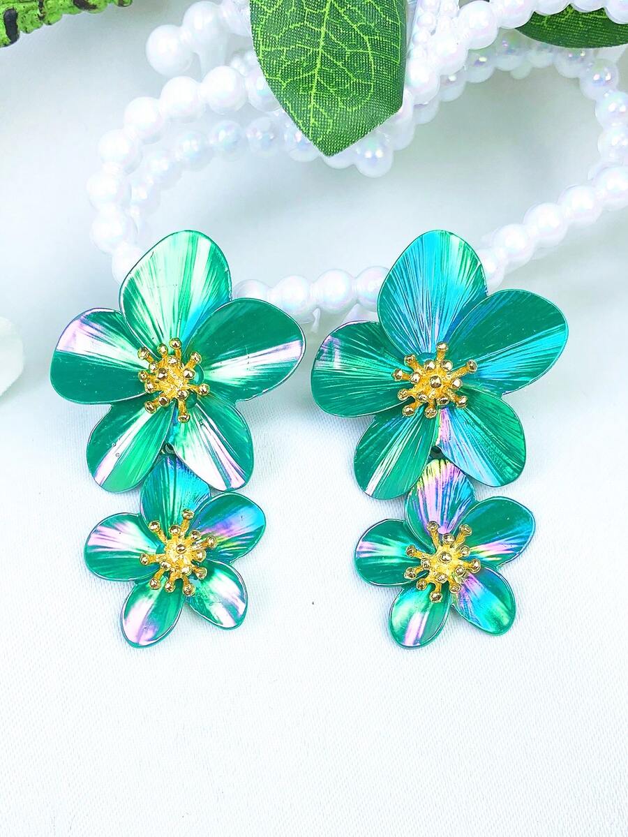 2024新款清新简约清澈甜美优雅极简风雏菊耳环女士 - 軍綠色 - 查看 1