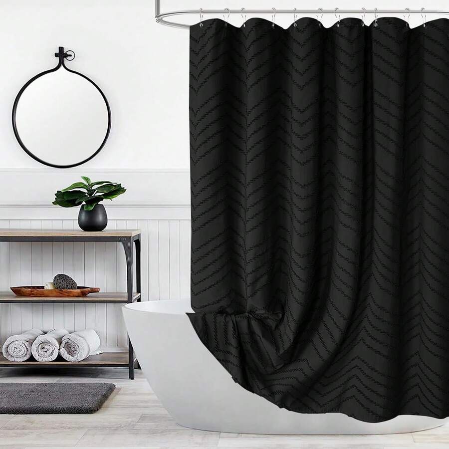 Boho Shower Curtain Modern Fabric Shower Curtain Shabby Chic Chenille Tufted Chevron Textured Striped Minimalist Shower Curtain 72 X 72 Inches - màu đen - Xem 1