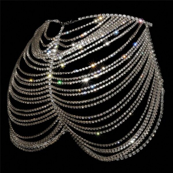1pc Women's Fashionable Multi-Layer Tassel & Rhinestone Bodysuit Chain Long Dress, For Club, Bikini, Jewelry