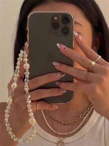 Correa Para Celular Blanca De Perlas Falsas, Accesorio De Colgante Con Cuentas De Moda En Estilo Europeo Y Americano, Correa De Muñeca Corta Para Bolso O Teléfono - Blanco - Ver 1