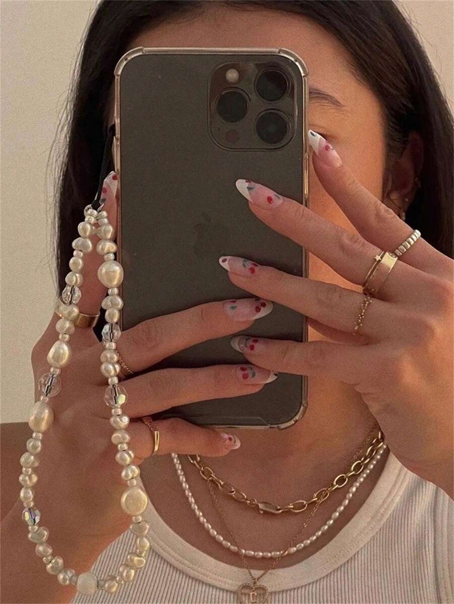 Correa Para Celular Blanca De Perlas Falsas, Accesorio De Colgante Con Cuentas De Moda En Estilo Europeo Y Americano, Correa De Muñeca Corta Para Bolso O Teléfono - Blanco - Ver 1