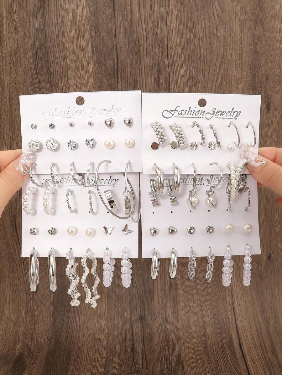 36pairs Faux Pearl Decor Earrings Set - Silver - View 1