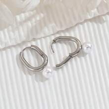 1對ins風格簡約不鏽鋼珍珠耳環,適合女性聚會穿著 - 圓形珍珠耳環 - 查看 2