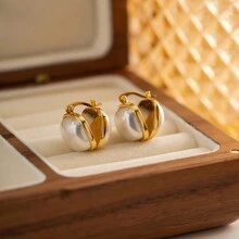 1 对复古风格方形仿珍珠耳环，双节设计，个性化，18k 镀铜，女士适用 - 金色 - 查看 8