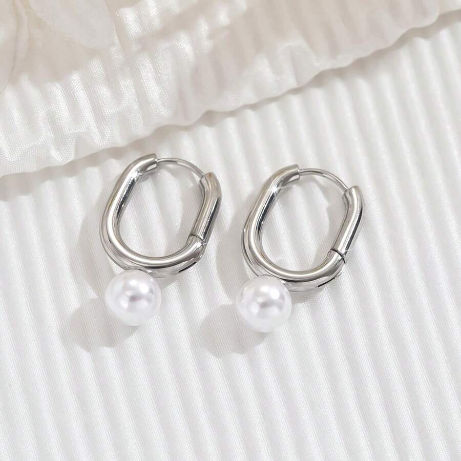 1對ins風格簡約不鏽鋼珍珠耳環,適合女性聚會穿著 - 圓形珍珠耳環 - 查看 1