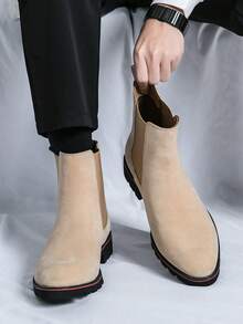 男士高筒絨面靴,時尚英國風切西 & 摩托靴 - 米色 - 查看 2