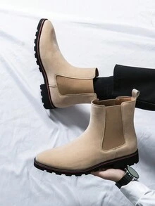 男士高筒絨面靴,時尚英國風切西 & 摩托靴 - 米色 - 查看 3