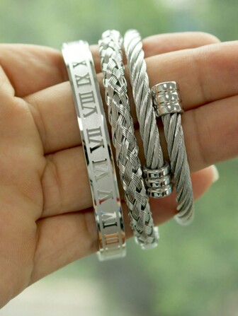 3pcs/Set Men Stainless Steel Textured Metal Bracelet Bangle