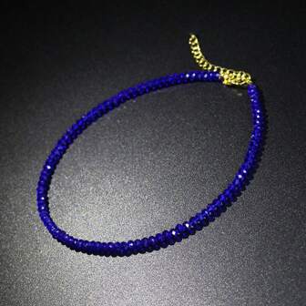 2024 New Blue Beaded Crystal Necklace For Women, Bohemian Style Simple Lock Collarbone Chain, European And American Style