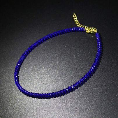 2024 New Blue Beaded Crystal Necklace For Women, Bohemian Style Simple Lock Collarbone Chain, European And American Style