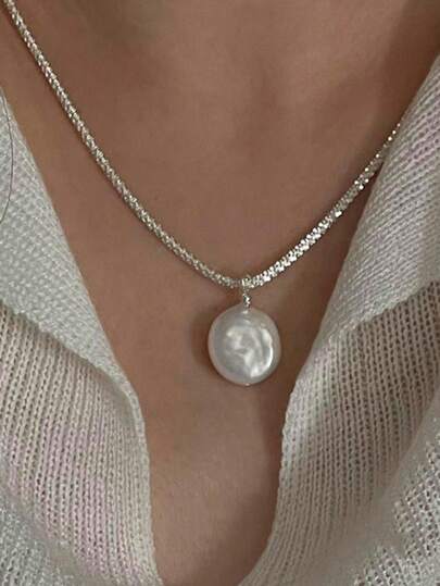 BALMORA 1pc French High-End S925 Sterling Silver Baroque Pearl Necklace With Sparkling Effect For Women, Party Gift