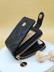 女士短款錢包零錢包，擁有大容量卡片位，時尚拉鍊設計，適合學生和新年禮物 - 黑色 - 查看 2