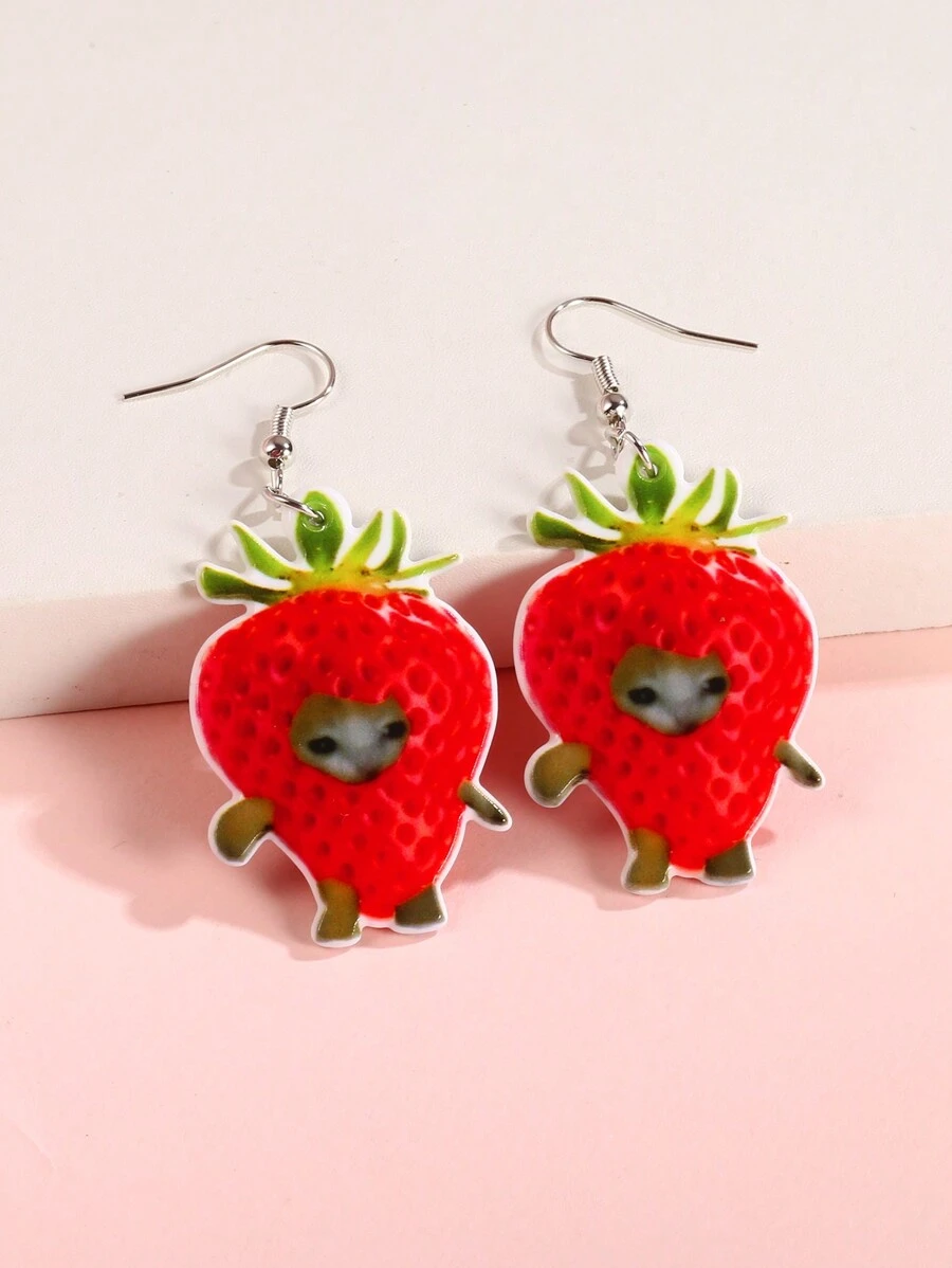 2對獨特的亞克力耳環,設計有金魚、草莓和貓圖案,適合女性的休閒和派對穿著 - 彩色 - 查看 1