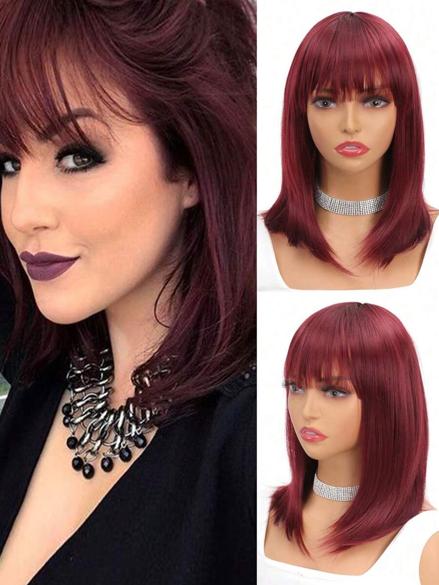 鲍勃假发 带刘海 直发 14 英寸短鲍勃假发 女士发型 鲍勃