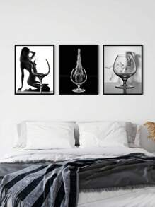 3入組女性身體情色姿勢黑白藝術畫,無框架設計,臥室裝飾