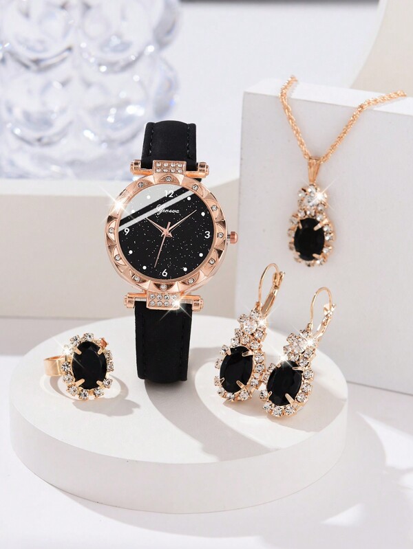 GAIETY 5 pièces Montre pour dames noire Montre à quartz à bracelet  pour dames, collier pendentif strass ovale, boucles d'oreilles clou, ensemble de bague pour occasions décontractées