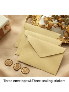 3sets Linen Envelopes, Letter Paper & Wax Seal Stickers, Vintage Kraft Paper Invitation Cards, Postcards & Envelopes - White - View 4