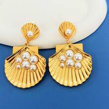 1對復古宮廷風格寶石嵌鱷魚設計流蘇和幾何圖案水晶耳釘,別致的動物耳飾,適合女士日常佩戴 - 貝殼耳環 - 查看 5