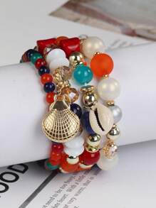 4入組波西米亞風格多層串珠手鍊,附玻璃和貝殼吊墜 - 彩色 - 查看 1