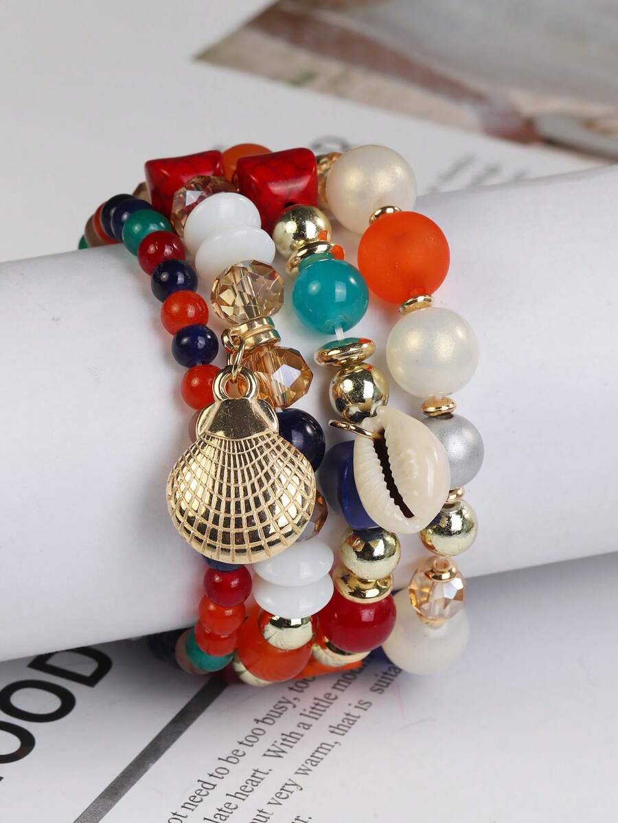4入組波西米亞風格多層串珠手鍊,附玻璃和貝殼吊墜 - 彩色 - 查看 1