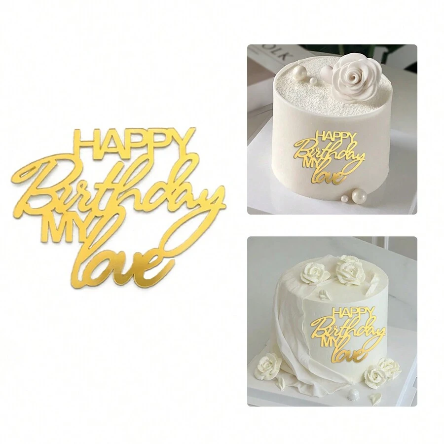3入組愛人生日快樂蛋糕擺飾,亞克力金色生日派對蛋糕裝飾 - 金色 - 查看 1