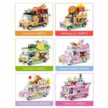 動畫主題的食品卡車diy小粒子積木,包括復古客車、漢堡、冰淇淋、水果主題的玩具,適合兒童拼圖組裝 - 甜點車 - 查看 9