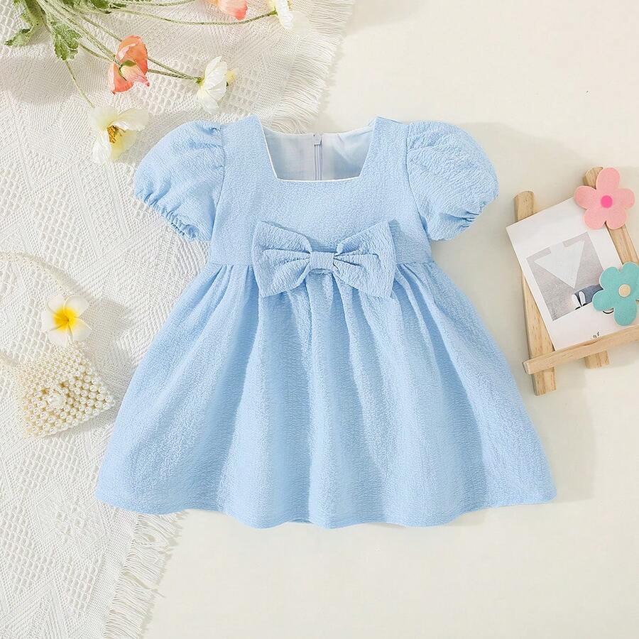 女寶寶夏季純色短袖連衣裙，配甜美蝴蝶結 - 藍色 - 查看 1