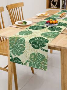 1pc Plant Leaf Printed Linen Tablecloth Flag, Modern And Stylish For Daily Kitchen And Dining Table Decoration - Green - View 3
