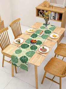 1pc Plant Leaf Printed Linen Tablecloth Flag, Modern And Stylish For Daily Kitchen And Dining Table Decoration - Green - View 1