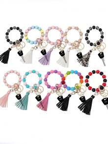 1pc Silicone Beaded Bracelet Keychain With Tassel Pendant For Women's Wrist, Key Ring Included - Blue - View 1