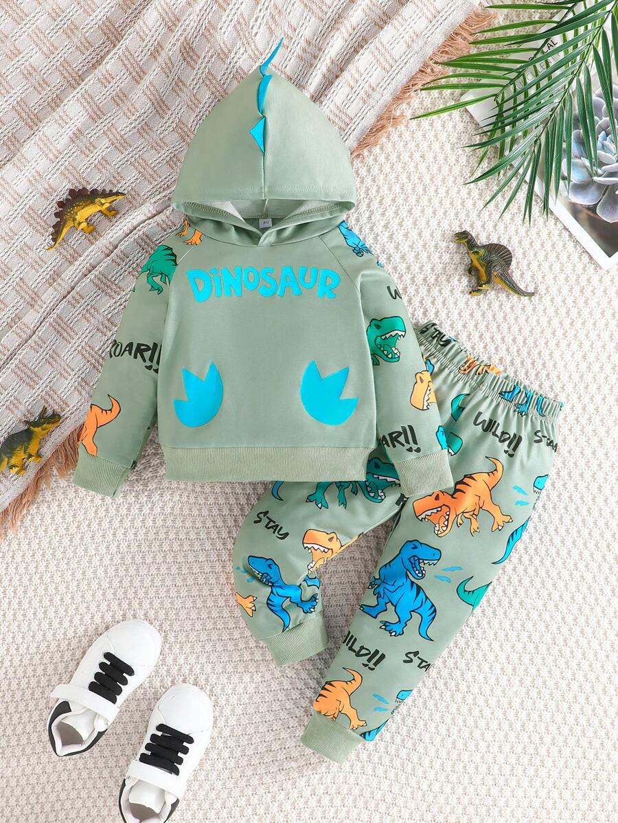 Young Boy Spring Autumn Letter & Dinosaur Print Hoodie Sweatshirt And Sweatpants 2Pcs Set - Green - View 1