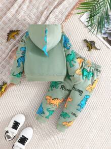Young Boy Spring Autumn Letter & Dinosaur Print Hoodie Sweatshirt And Sweatpants 2Pcs Set - Green - View 2