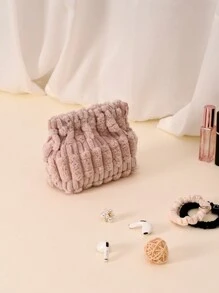 1pc Fun Gifts Portable Pouch - Fluffy Corduroy Elastic Storage Bag Hair Tie Organizer Pocket Cosmetic Bag Travel Makeup Bag Squeeze Top Gifts Hot Pink Pouch For Women Wallet Mini Wallet Purse Wallet Coin Wallet