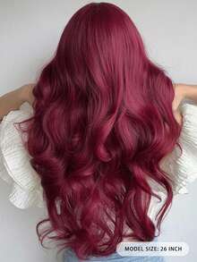 Dazzling At 26: 26-Inch Synthetic Wig With Water Wave Curls, Fringe Bangs, Perfect For Party Elegance In Burgundy Hue - Burgundy - View 6