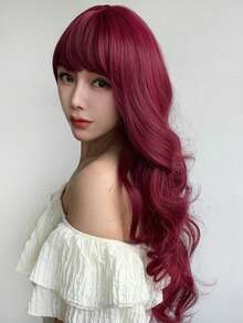 Dazzling At 26: 26-Inch Synthetic Wig With Water Wave Curls, Fringe Bangs, Perfect For Party Elegance In Burgundy Hue - Burgundy - View 3